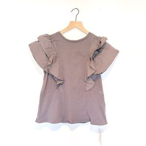 japanese office lady ruffled sleeve top - grey beige short tshirt - S like new